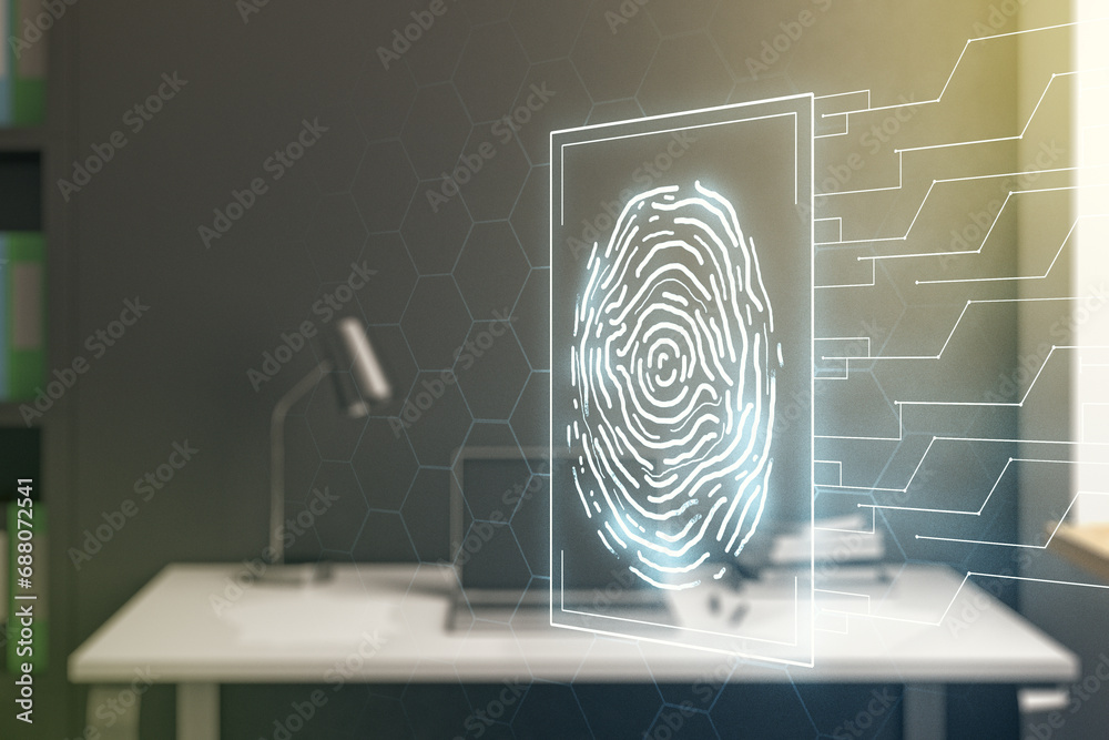 Poster Multi exposure of abstract graphic fingerprint sketch and modern desktop with pc on background, fingerprint scan data concept