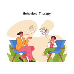 Behavioral Therapy session in progress, showcasing a therapist and child working through cognitive challenges. Flat vector illustration