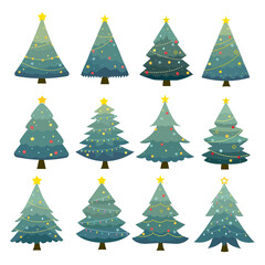 Collection of beautiful decorative Christmas tree on white background, traditional symbols with garland, light bulb, ball, snowflake and star. Colorful winter holiday icons cartoon vector illustration