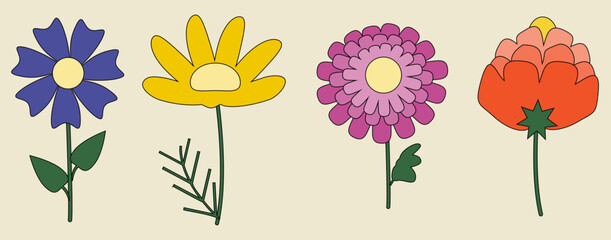 A set of four cute flowers with leaves. Vector illustration for children's postcard, cover, wallpaper design