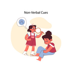Non-verbal cues concept. Girl with magnifying glass observes distressed child, understanding emotions beyond words. Perception of body signals. Recognizing unspoken feelings. Flat vector illustration