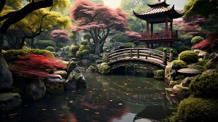 A tranquil Japanese garden with a softly flowing stream, the ornate bridges and bonsai trees...