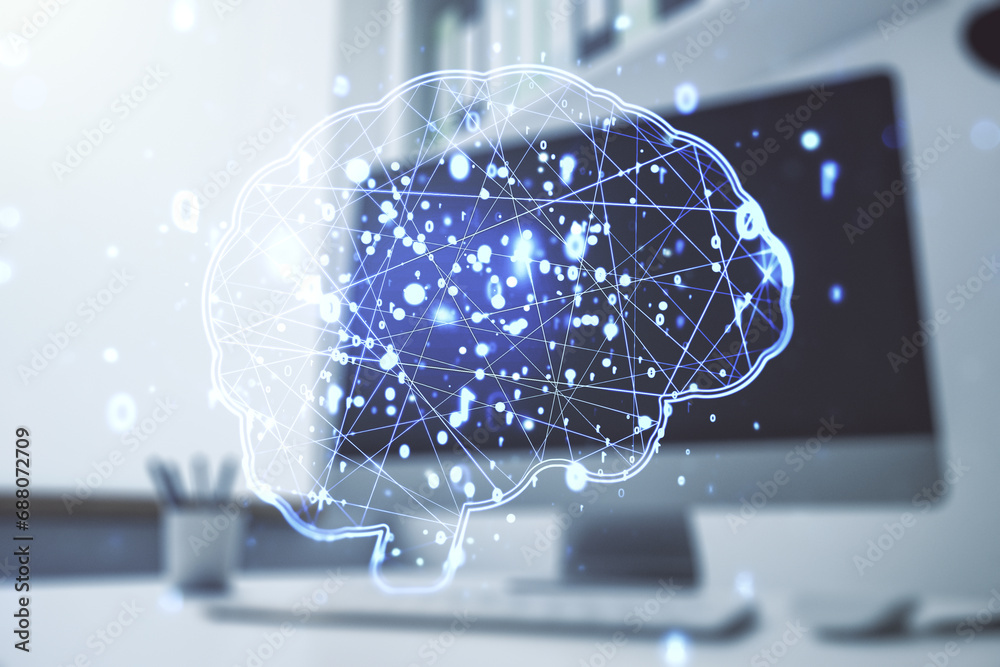 Wall mural double exposure of creative human brain microcircuit and modern desk with computer on background. fu