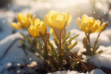 A group of yellow flowers sitting on top of snow covered ground, winter aconite flowers.