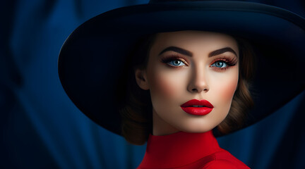 Beautiful woman with red lips in classic blue hat