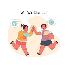 Win-Win Situation concept. Joyful children sharing success with a high-five. Mutual happiness and collaborative victory in a kid's challenge. Flat vector illustration