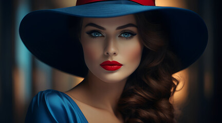 Beautiful woman with red lips in classic blue hat