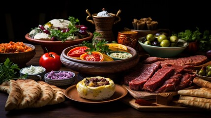 A Turkish meze table adorned with colorful dips, savory pastries, and grilled meats, reflecting the...