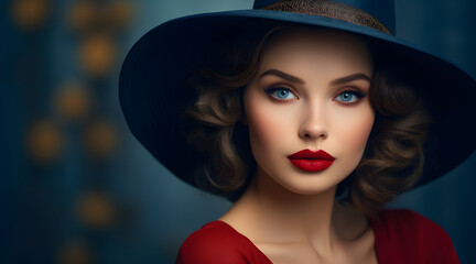 Beautiful woman with red lips in classic blue hat