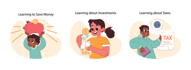 Financial Literacy set for kids. Youngsters learning saving, investment basics, and tax essentials. Engaging financial education steps. Flat vector illustration.