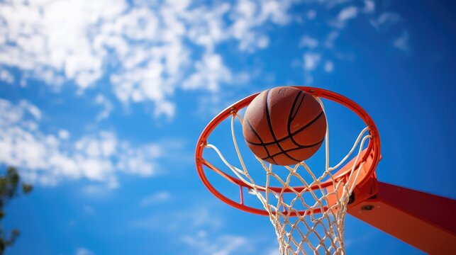 A basketball hoop set against a pristine blue sky, UHD, Natural Lighting, Super-Resolution, RTX, Composition Rule of Thirds, ISO 200, ISO 400, Photo realistic, Super detailed, No blur, sharp, 