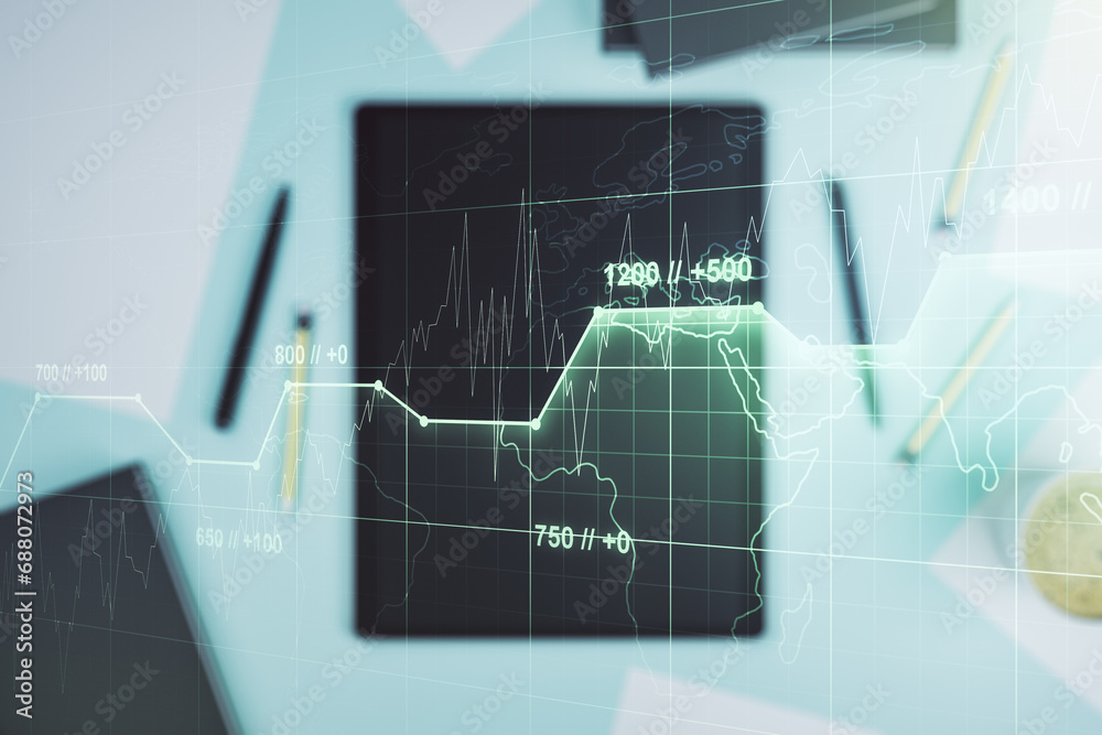 Aufkleber multi exposure of abstract statistics data hologram interface and modern digital tablet on backgroun