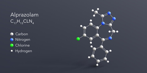alprazolam molecule 3d rendering, flat molecular structure with chemical formula and atoms color coding - obrazy, fototapety, plakaty