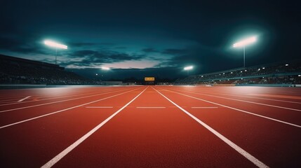 An empty outdoor running track at night with the stadium lights shining. From the perspective on the 100 meter dash finish line. Cinematic lighting
