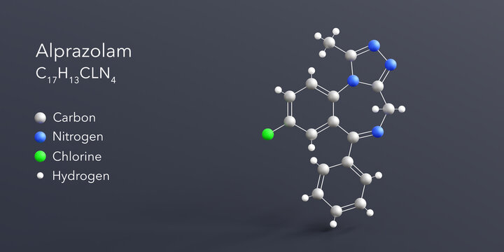 alprazolam molecule 3d rendering, flat molecular structure with chemical formula and atoms color coding