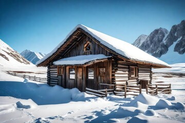 mountain hut in the mountains with snow