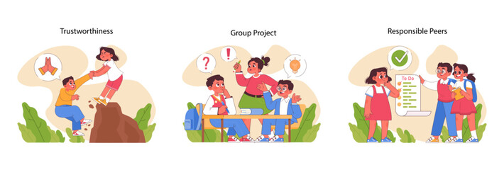 Child Responsibility set. Kids demonstrating trust, cooperation in group projects, and task management. Learning accountability through actions and teamwork. Flat vector illustration