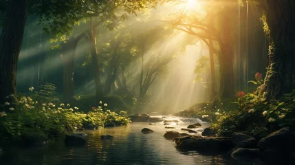 Fotobehang An enchanting forest scene, with sunbeams filtering through the lush foliage, casting a magical aura with blurred details in the background © Rao