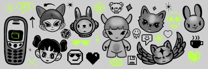 Y2k retro character icon set, vector rave cyber pixel funky sticker, cartoon acid groovy face, heart. 90s halftone mascot kit, computer game anime girl head, funny dot creature. Y2k character print - obrazy, fototapety, plakaty