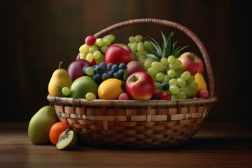 Naklejka na ściany i meble Basket of fresh fruits on a black background. Still life.