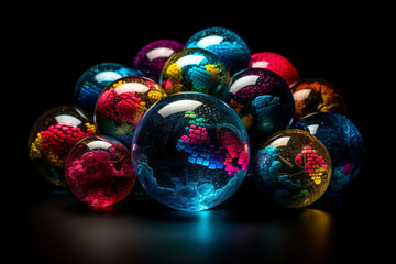 Colorful christmas balls on black background, Christmas and New Year concept