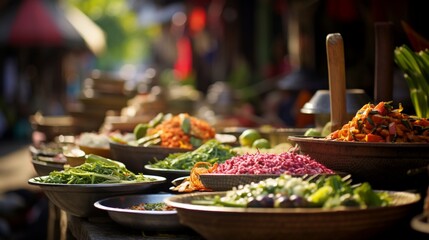 An Indonesian street market bustling with vendors offering nasi goreng, satay, and vibrant fruit displays, a celebration of Indonesian flavors