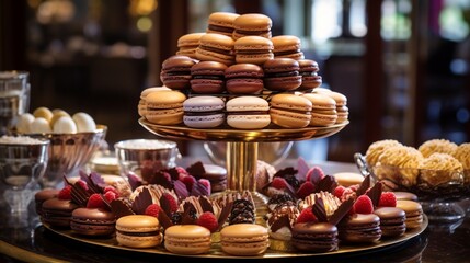 An opulent French patisserie display, where macarons, eclairs, and exquisite pastries beckon with their refined sweetness and meticulous craftsmanship