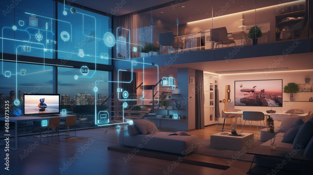 Poster a smart home setup. a modern living space equipped with smart home devices like smart lights, tv and