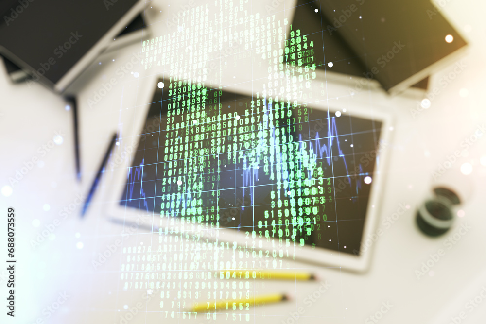 Poster Double exposure of creative Bitcoin symbol and digital tablet on background, top view. Cryptocurrency concept