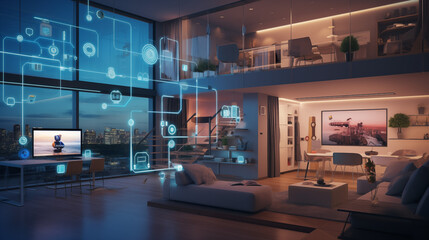 A smart home setup. A modern living space equipped with smart home devices like smart lights, tv and voice - controlled assistants. Smart home interior with augmented reality. AI generative. - obrazy, fototapety, plakaty