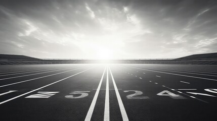 Photo realistic, low angle, scene of outdoor running track, starting line, lane numbers, white lines separating each lane, moody lighting, monochrome tint, track surface texture