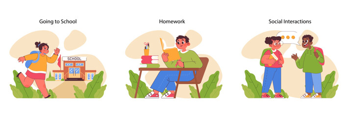 Child's daily routine set. Kids experiencing daily routine moments. Going to school, studying, talking with friends, doing homework. Learning self-discipline. Flat vector illustration