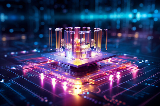 Quantum computer in operation, Futuristic lab with sleek, minimalistic design, Illuminate the quantum bits in action, vibrant colors representing qubit states
