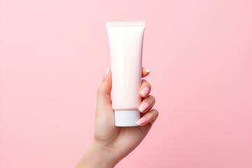 Close-up shot of hand holding empty white cosmetic cream tube on pink background presenting luxury skincare products.