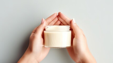 Close-up shot of hand holding empty white cosmetic cream bottle on pink background Presenting luxury skincare products