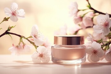Obraz na płótnie Canvas Empty white cosmetic cream jar with cherry blossoms Presenting luxury skincare products Beauty and spa mockup template.