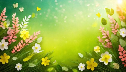 Colourful spring themed background with flowers, grass and easter eggs