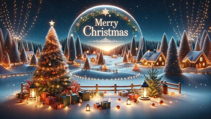 Merry Christmas background, Decorated with christmas tree and gift box, Winter christmas composition in 3d style decoration for Celebration.