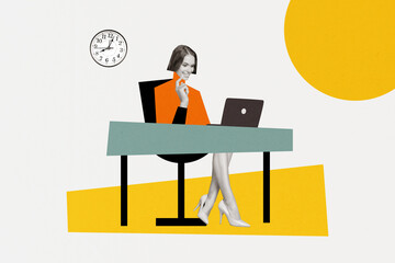 Collage picture sketch of successful professional woman browsing sms message sitting workspace...