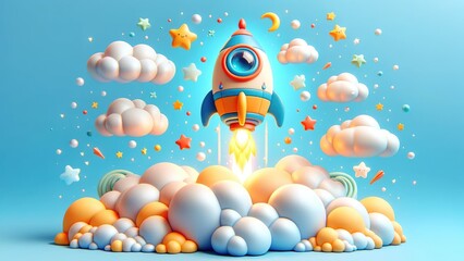 Cute 3D rocket soars high into the blue sky on blue background. Concept for business startups and rapid development with business growth ideas.