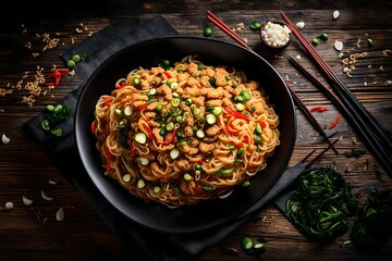 A tantalizing top-down perspective capturing the vibrant colors and textures of spicy stir-fried...
