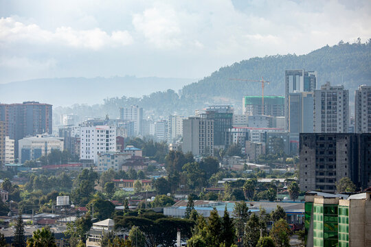 High angle view of Addis Ababa, capital city of Ethiopia with mountains in the background.