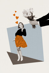 Vertical image collage of cheerful girlfriend receive surprise bouquet tulips admiring birthday gift isolated on white color background