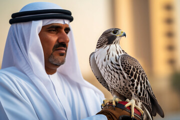 Arabic man with traditional emirates clothes with his falcon bird
