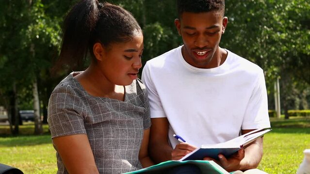 afro american friends sharing knowledge in the university campus at sunny day outdoors in park
