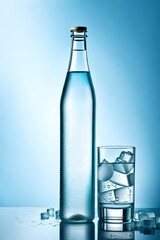 A crisp top-down image showcasing a clear bottle of effervescent mineral water, chilled and glistening with condensation, isolated against a clean background. 