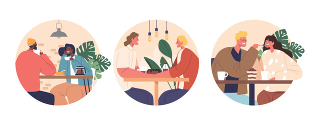 Isolated Round Icons or Avatars of Romantic Couples Sips Coffee In A Cozy Cafe, Their Eyes Locked, Hands Intertwined