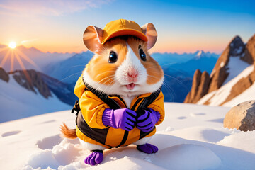 A cute little hamster ready for his holidays in the mountains - White week - obrazy, fototapety, plakaty