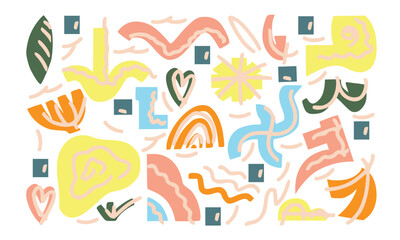 Abstract various bright doodle shapes and objects. Different figures. Hand drawn Vector seamless Pattern. Background, wallpaper, Wrapping, textile template