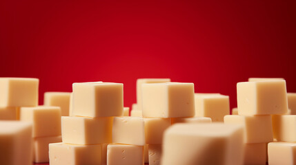 Savoring the Moment: Elegantly Arranged Cheese Cubes on a Rich Red Background, Signifying Delicacy